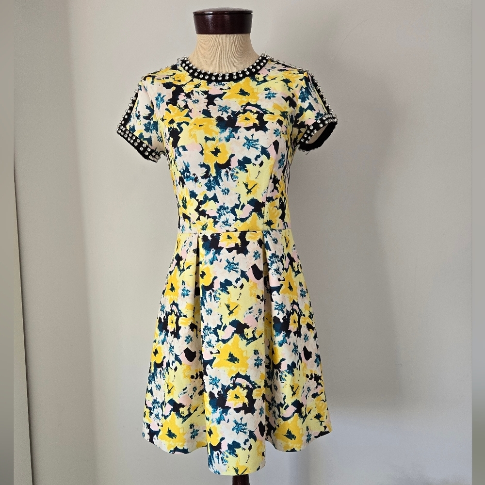 JUICY COUTURE Floral Yellow/ Blue/black Dress with Studded Gem Collar. Size S